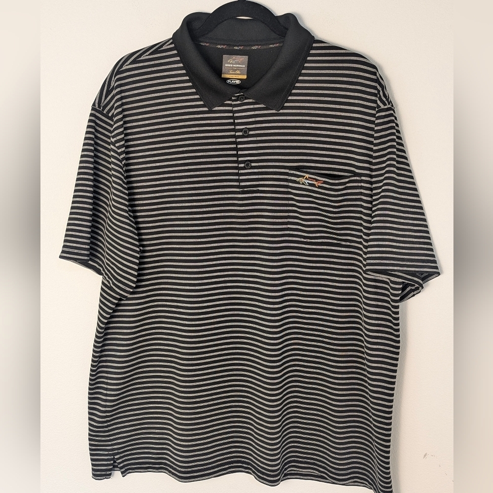 Greg Norman Men’s Five Iron Play Dry Polo Shirt Black White Striped Size XL EUC